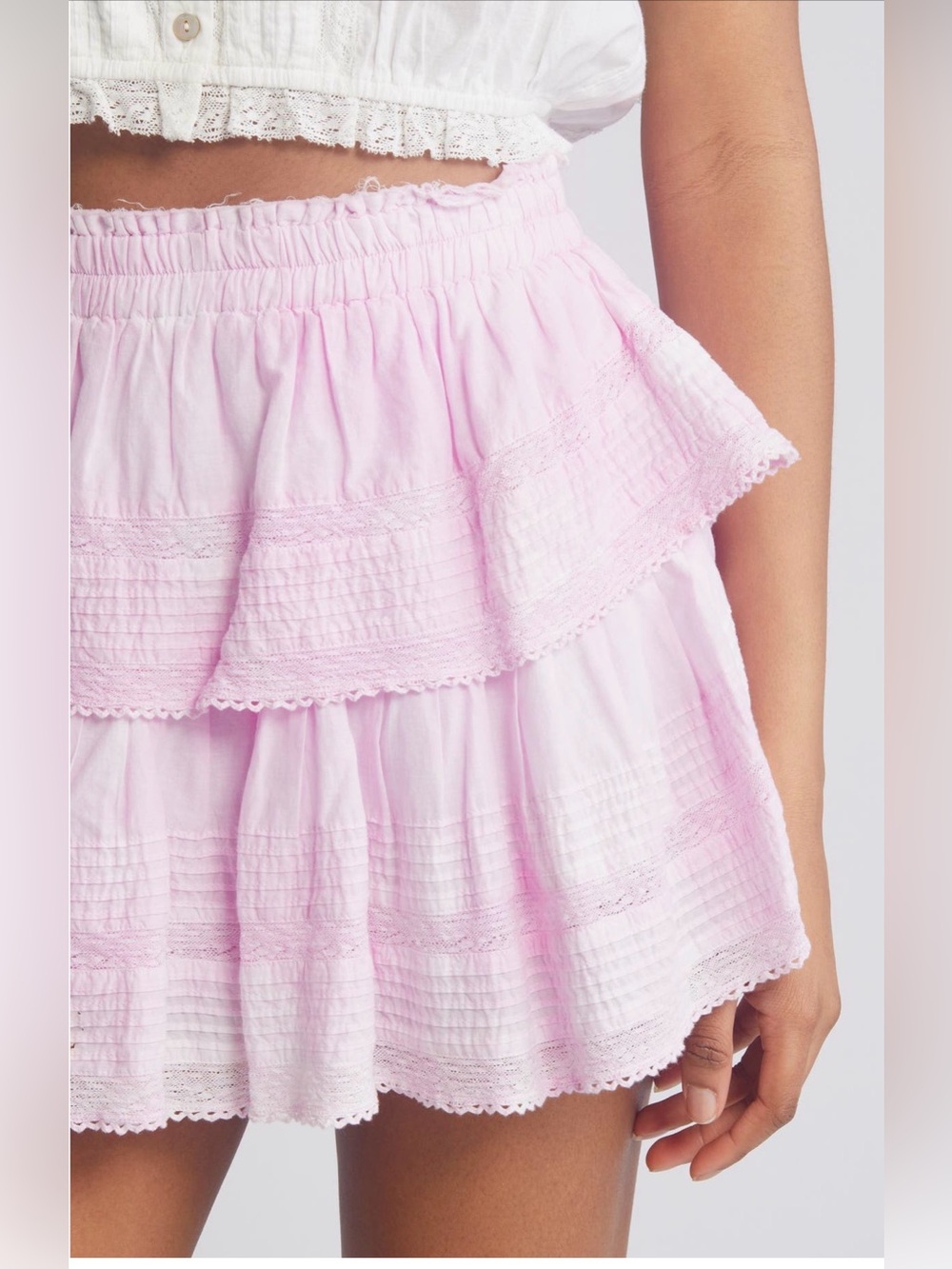 LoveShackFancy Pink Tiered Lace Mini Skirt NWT Petite - Picture 3 of 6